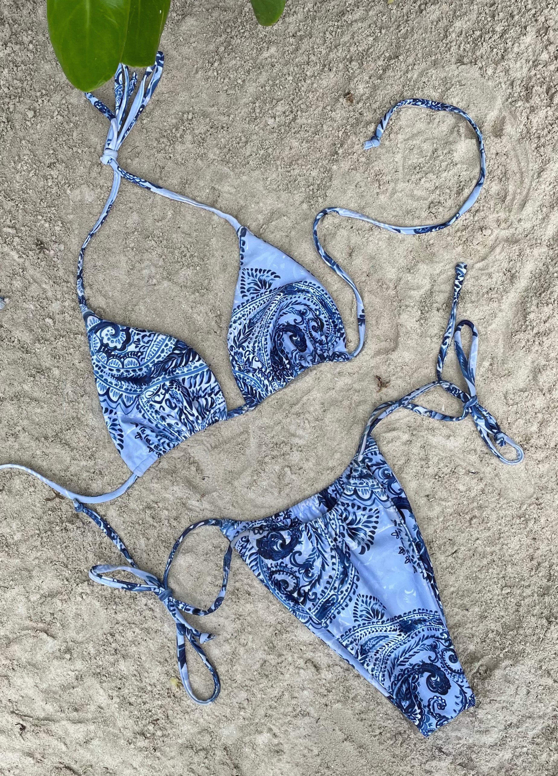 Blue Paisley Print Tie Side Bikini Bottoms